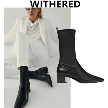 

Withered England Style Office Lady Genuine Leather Sheep High heel Cusp Chelsea Boots Women Shoes Woman Botas Mujer Shoes Women