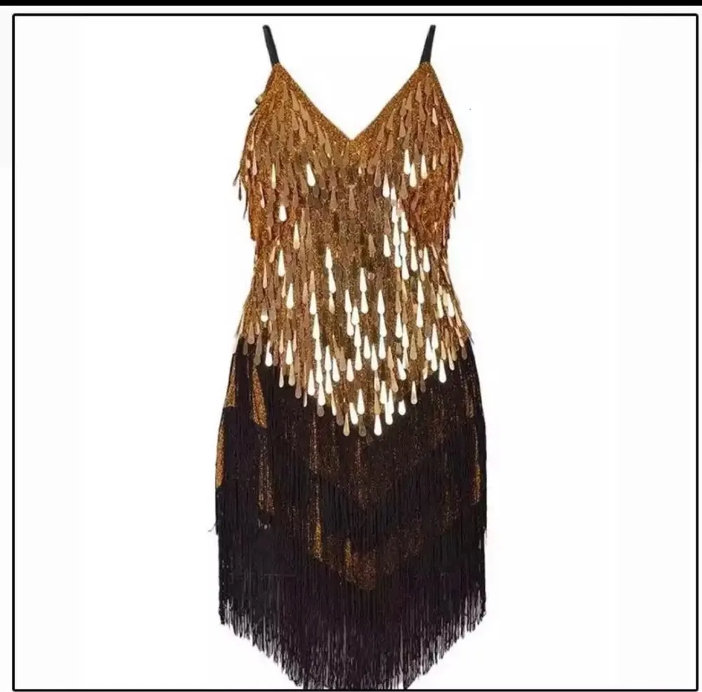 Women Sexy Fringed Latin Dance Dress Sequined Skirt for Ballroom Tango Cha Rumba | Тематическая одежда и униформа