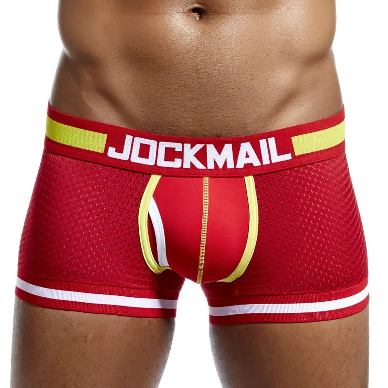 JOCKMAIL, фирменное мужское Сетчатое нижнее белье, боксеры, calzoncillos hombre, гей, одежда для сна, Cueca, боксеры, дышащие, промежность, хлопковые трусы, шорты - Цвет: JM401-Red