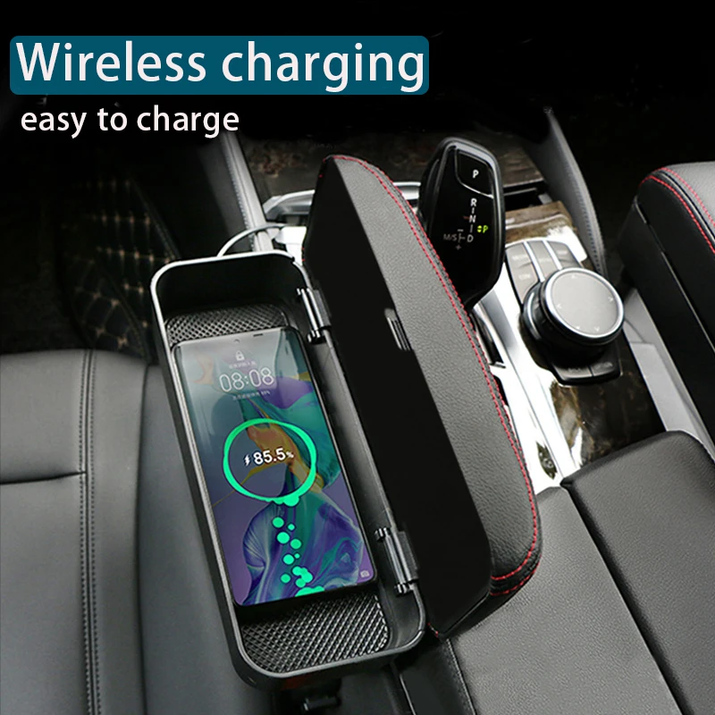 Günstig Auto Armlehne Auto Sitz Organizer Lagerung Box mit Drahtlose Lade Lagerung Tasche Auto Innen Zubehör Arm Rest Geschenk USB Linie