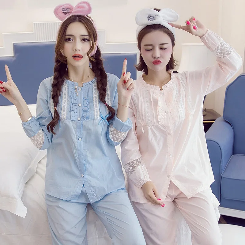 

Spring South Korea New Products Tatting Pure Cotton Fresh Pastoral Style Hollow out Lace Long Sleeve Loose-Fit Pajamas Suit Trac