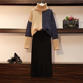 

HAMALIEL Oversize Turtleneck Hit Color Warm Knitted Thick Loose Pullovers Two Piece Set And Winter Black Midi Pencil Skirt Set