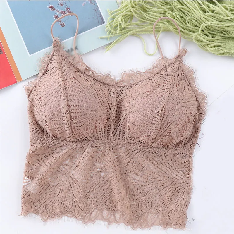 2021 Female Summer Crop Tank Top Women Fashion Deep V Lace Bras Embroidery Floral Tank Top Bra Wrapped Chest Camisole Padded Bra