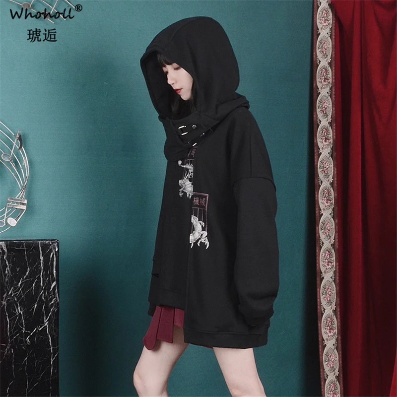 

WHOHOLL Machine Dragon Print Hood Loose Casual Two Wear Long Sweater Removable Even Hat Loose Mori Girl Clothes Long A Sweater