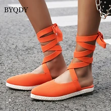 BYQDY Spring Canvas Women Espadrilles Flat Ankle Strap Shoes Stripe Lace up Women Flat Platform Shoes Round Toe Slingback Shoes