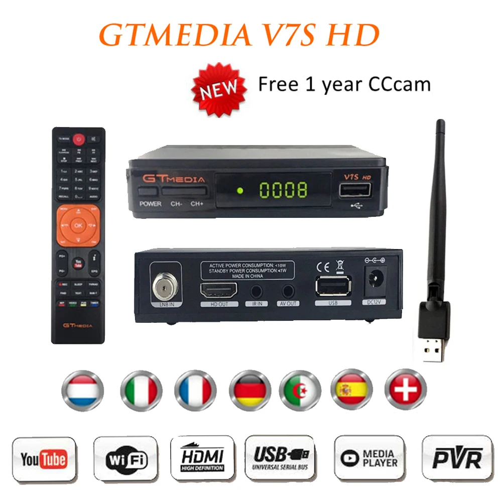 Спутниковый ТВ ресивер GTmedia V7Shd Freesat V7 USB Wi Fi cccam clines сетевой доступ на