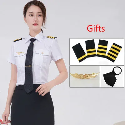 Short Sleeve 3 Gifts Новое поступление, Женская капитанская форма, комплект рубашек, приталенная рабочая одежда, модная брендовая женская одежда пилотов, белая рубашка, костюмы - Цвет: Short Sleeve 3 Gifts