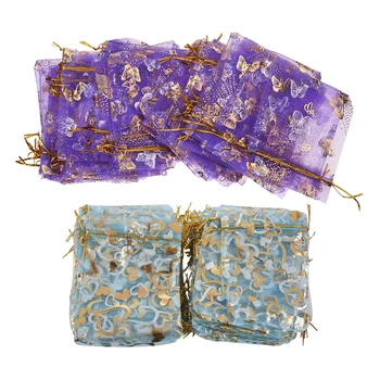 

100Pcs Butterfly Drawstring Organza Bags Purple & 100 x Bags, Pouches, Organza Bags Blue with Golden Heart, 120 x 100mm