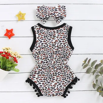 

Emmababy Newborn Baby Girl Clothes Sleeveless Leopard Printed Tassel Leopard Romper+Headband Outfits Summer