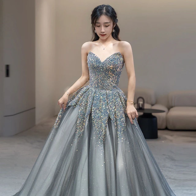 sexy long prom dresses,Beautiful grey lace organza prom dress,ball gow –  luladress
