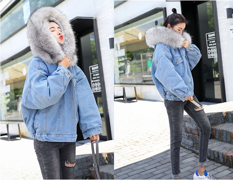 Denim jacket women winter coat single breasted outerwear warm cotton women jacket hoodies women coats hooded bomber jackets coat