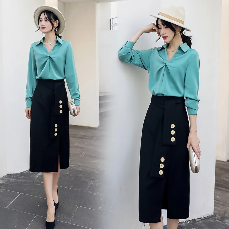 

Chiffon Dress Outfit Women's 2019 Spring And Autumn New Style Popular Satin Shirt Slit Sheath Skirt Trendy Two-Piece Set