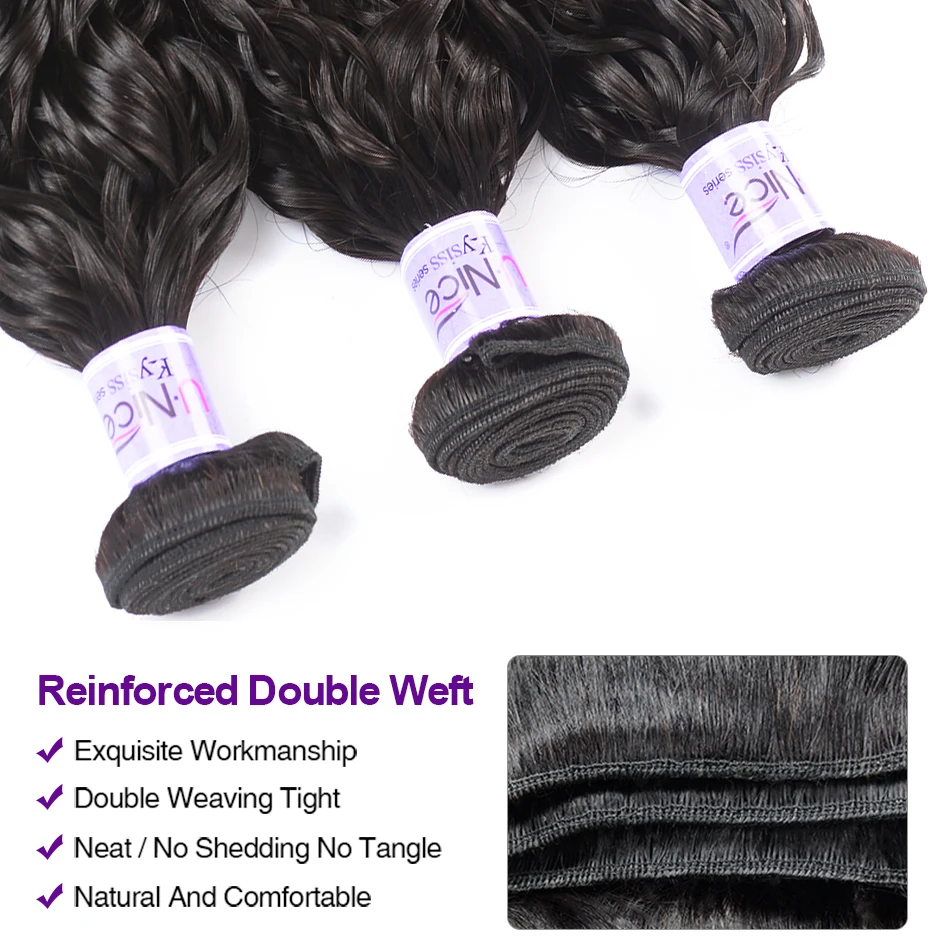 UNice Hair Kysiss Series Malaysian Water Wave Virgin Human Hair Extension 8-26inch 3 PCS Bundles with Closure Free Part