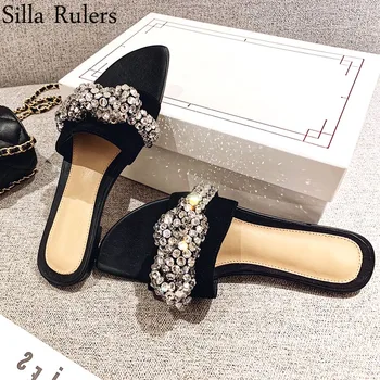 

Runway Crystal Genuine Leather Slippers Women Low Heels Summers Mules Woman Peep Toe Outsize Slippers Zapatos Mujer 2020