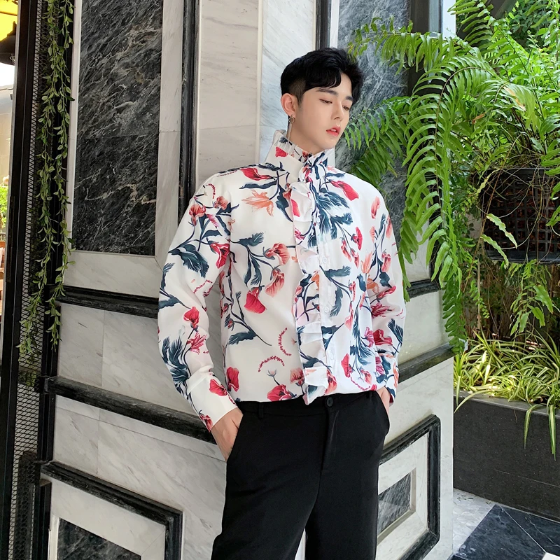 

Mens Long Sleeve Casual Shirt Fashion Flower Print Floral Camisa Masculina Stand Collar Slim Fit Shirts Chemise Homme