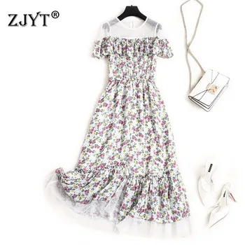 

Europe Fashion New 2020 Summer Dresses for Women Elegant Short Sleeve Ruffles Mesh Patchwork Floral Print Chiffon Dress Female