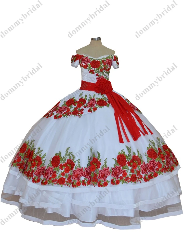 Vestidos de quinceañera blancos con bordado Floral rojo modesto, vestido de  baile con Charro XV de 15 años sin hombros, dulce vestido de 16 años| Vestidos de quinceañera| - AliExpress