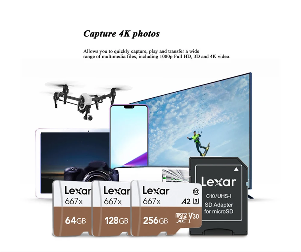 Lexar 667x Micro SD карта SDXC UHS-I 64 Гб 128 ГБ 256 ГБ A2 U3 V30 класс 10 карта для 1080p Full-HD 3D 4K видео