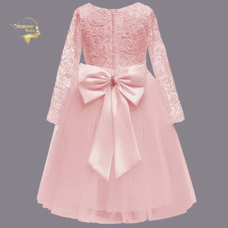 

New Long Sleeves Lace Flower Girl Dresses With Big Bow Tea Length First Communion Dress Children's Birthday Party Evening Dress