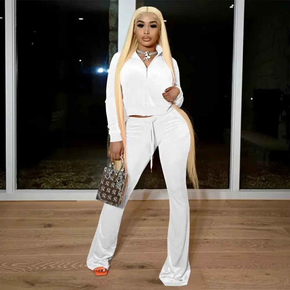 Fall Two Piece Set Fashion Outfits For Women Pullover Solid Color Long Sleeve Crop Top Flared Pants Suit Casual Jogging 2 Piece