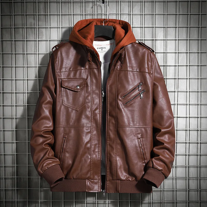 

2020 Autumn Winter Jackets for Men Hooded Biker PU Leather Mens Jackets Solid Color EU Size Mens Coats Leather Hoodie Tops