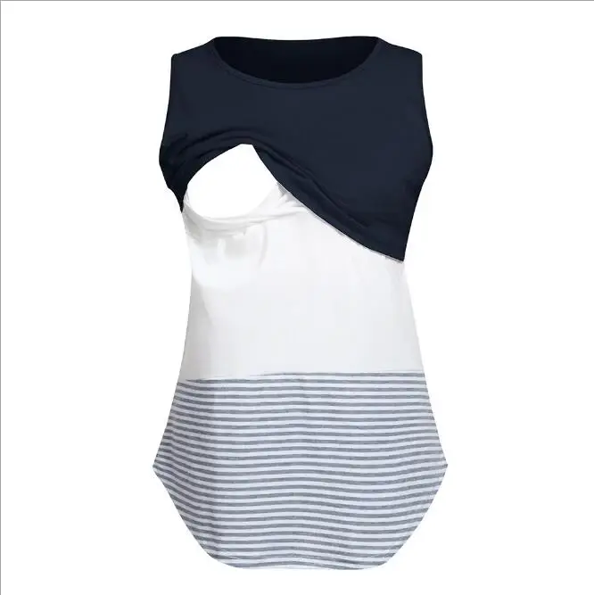Summer Women Breastfeed Tees Lady Stirped Nursing Sleeveless T shirts - Цвет: Синий