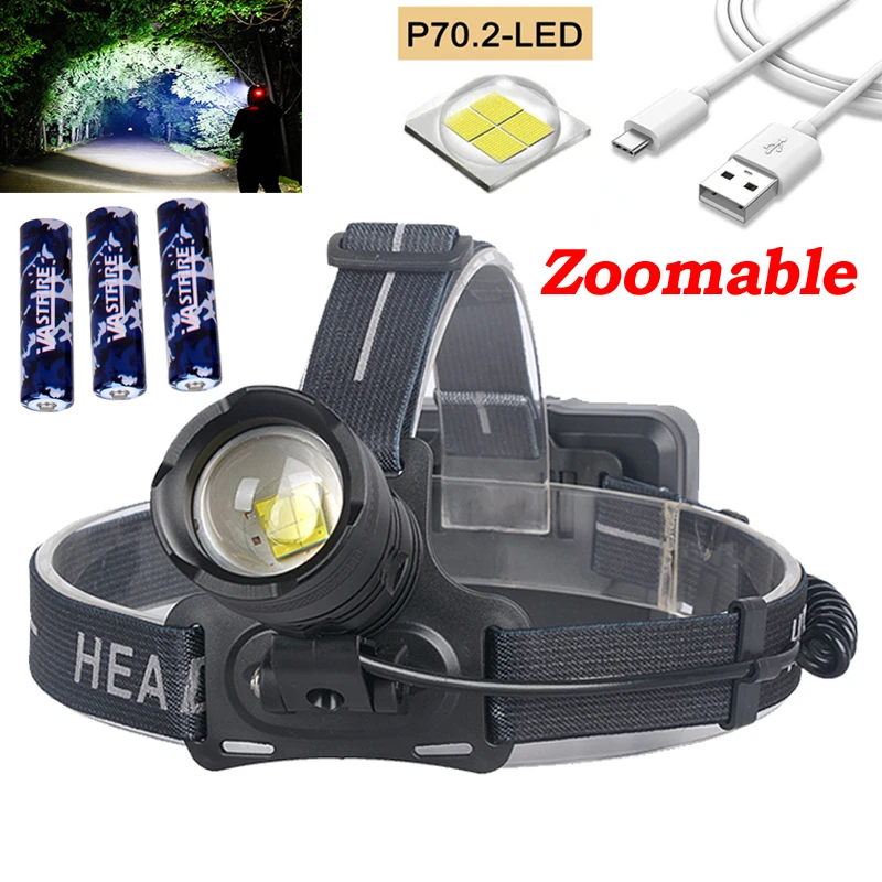 

6800LM XHP70.2 Led Headlamp 30W Most Powerful White Led Headlight Hunting Camping ZOOMable Torch As Powerbank+3*18650 batteries