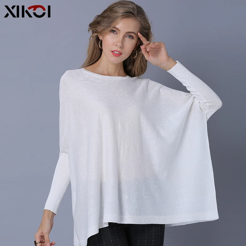 White XIKOI новые женские осенние однотонные сексуальные негабаритные свитера женские прозрачные пуловеры модные Pull Femme рукава летучая мышь свитер белый - Цвет: White