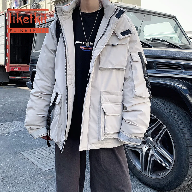 

Liketkit Men's Winter Jackets 2019 Male Solid Pockets Hip Hop Hooded Parkas Mens Oversized Reflective Stripe Safari Windbreaker