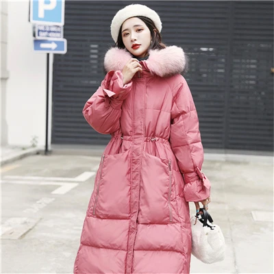 Pink Модная шапка с меховым воротником, Повседневная Свободная одежда, осенне-зимняя куртка для женщин, верхняя одежда, белый утиный пух, длинное пальто, женская верхняя одежда YP013 - Цвет: Pink
