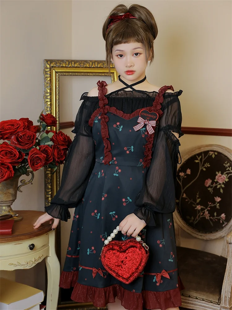 Sweet Girl Cute Large Size 4xl Cherry Printing Bowknot Dress Lolita Black Ruffle Kawaii Woman Japanese Lolita Cosplay Jsk