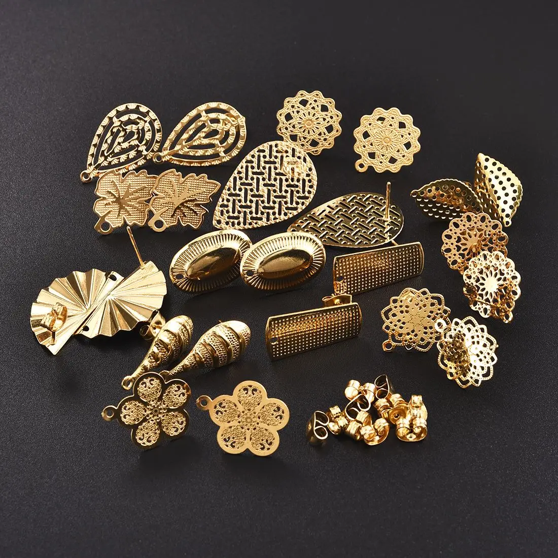 

10pcs Stainless Steel Earring Stud Golden Hollow Flowers Geometric Round Earrings Base Connectors Linker For Jewelry Making