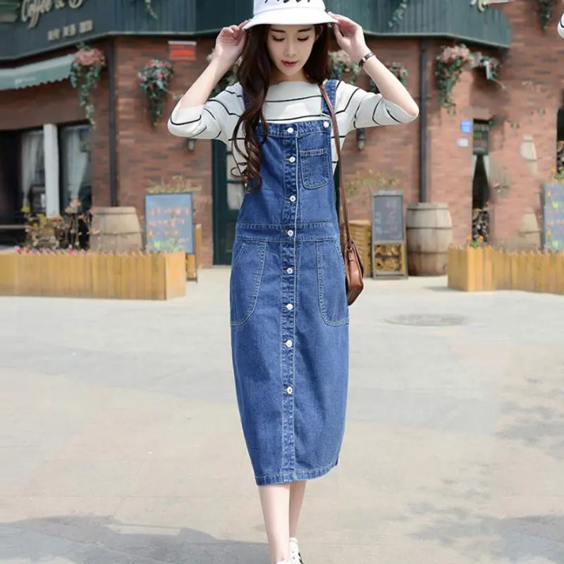 Plus Size Denim Sundress Button Pockets Dress Women High Waist Jeans Long Summer Bib Overalls Casual Dresses Girl 15 | Женская одежда