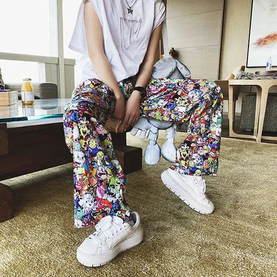 European station cartoon print straight wide leg pants women 2020 early autumn high waist loose lazy fashion pants trousers