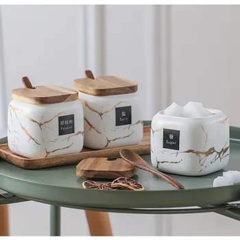

3 Piece Set Seasoning Cans Nordic Matte Marble Ceramic Seasoning Cans Single Salt Cans Household Seasoning Box Kitchen Seasoning