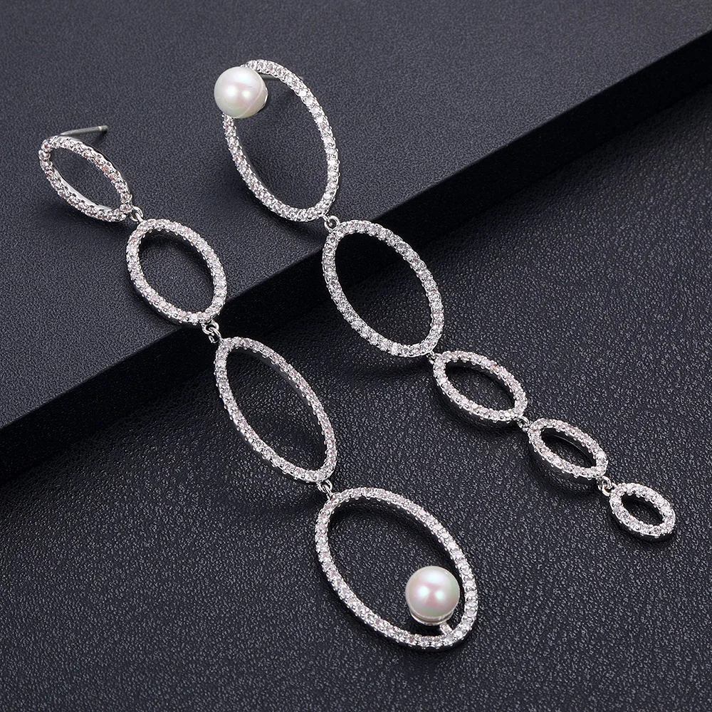 JANKELLY Luxury Trendy Circles Pearl Long Design Full Mirco Paved Crystal Zircon Naija Wedding Drop Earring Fashion Jewelry | Украшения и