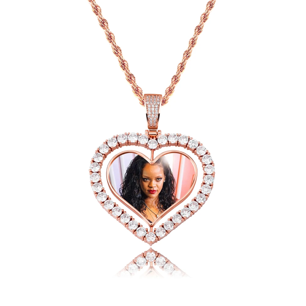 TOPGRILLZ Heart Shaped Custom Photo Spin Double Sided Medallion Pendant Necklace With 4mm Tennis Chain Zircon Hip Hop Jewelry