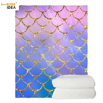 

HUGSIDEA Purple Mermaid Scale Printing Soft Flannel Blanket Polyester Blanket Winter Sofa Couch Cover Warm Shawl Cape
