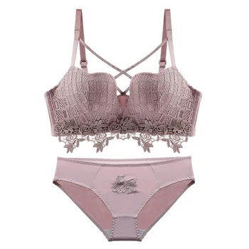 

Fashion Women Sexy Lace Jacquard Cross Hollow Gathered No Rims Cotton Comfortable Embroidery Sexy Bra Set