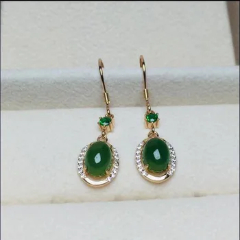 

925 Silver Natural Hetian Green Jasper Hook Lucky Earrings Inlay Beads For Women Charms Jewelry