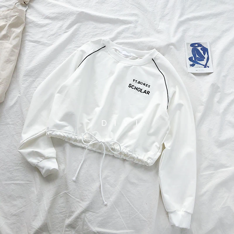ShanH 9882 bai Осенние футболки женские с длинным рукавом с вышитыми буквами свободная простая короткая футболка Harajuku Корейская Повседневная футболка белый короткий топ - Цвет: ShanH 9882 bai