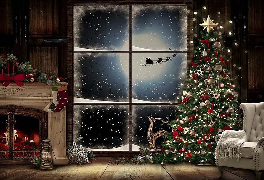 

Vinyl photography background winter Christmas tree window star decoration backdrop Photo studio photophone photocall props