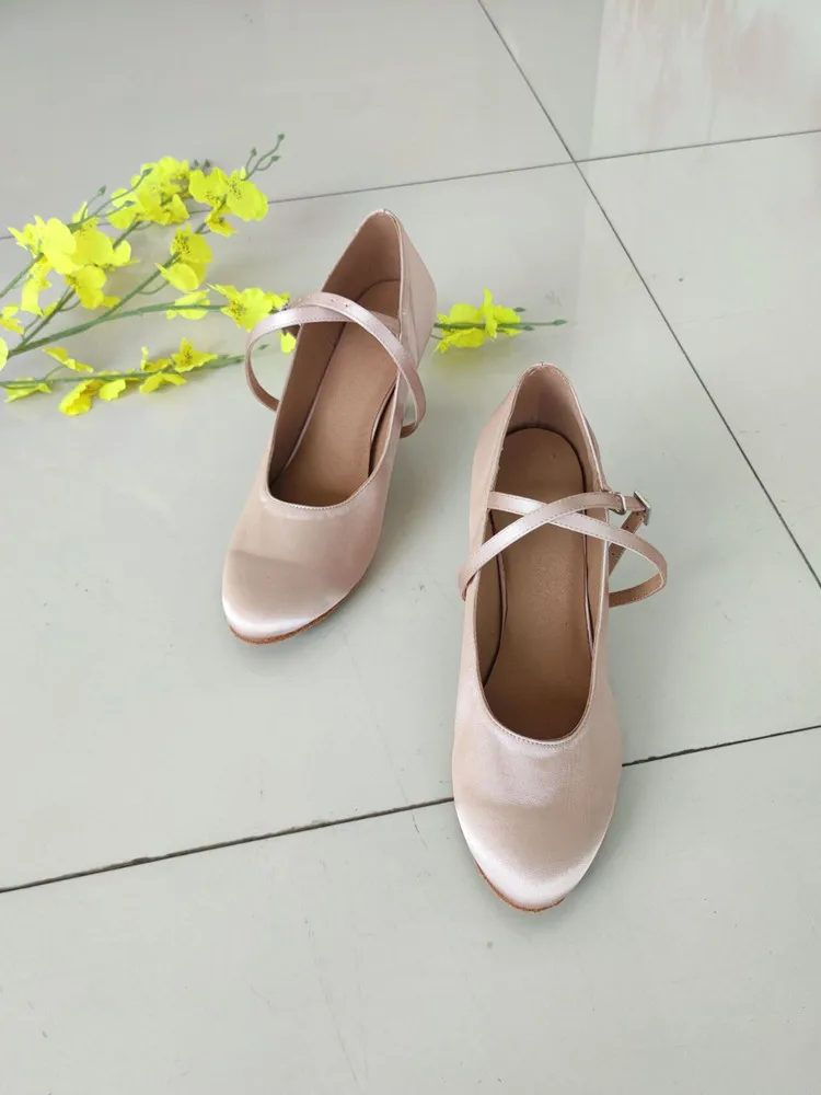 Evkoodance Brand Khaki Color Satin With Crystal Comfortable Woman Modern Ballroom Dance Shoes 7.3cm Heel Evkoo018 customize shoe 5