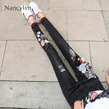 

Black Jeans Women Autumn Winter Pants New Ins Women's Korean Embroidered Pencil Pants Diamond Black Holes Slim Skinny Jeans