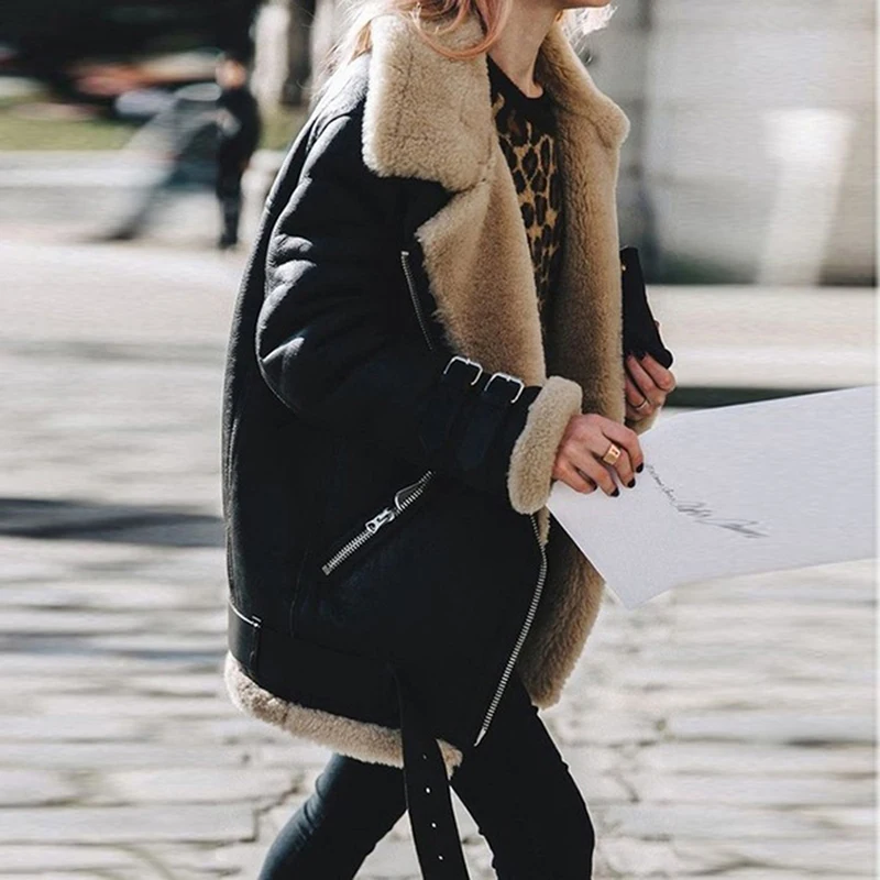 Теплая байкерская куртка-Авиатор с отворотом, зимняя женская флисовая куртка с искусственным мехом, верхняя одежда из кожи оленя, бархатная куртка из овечьей шерсти - Цвет: black