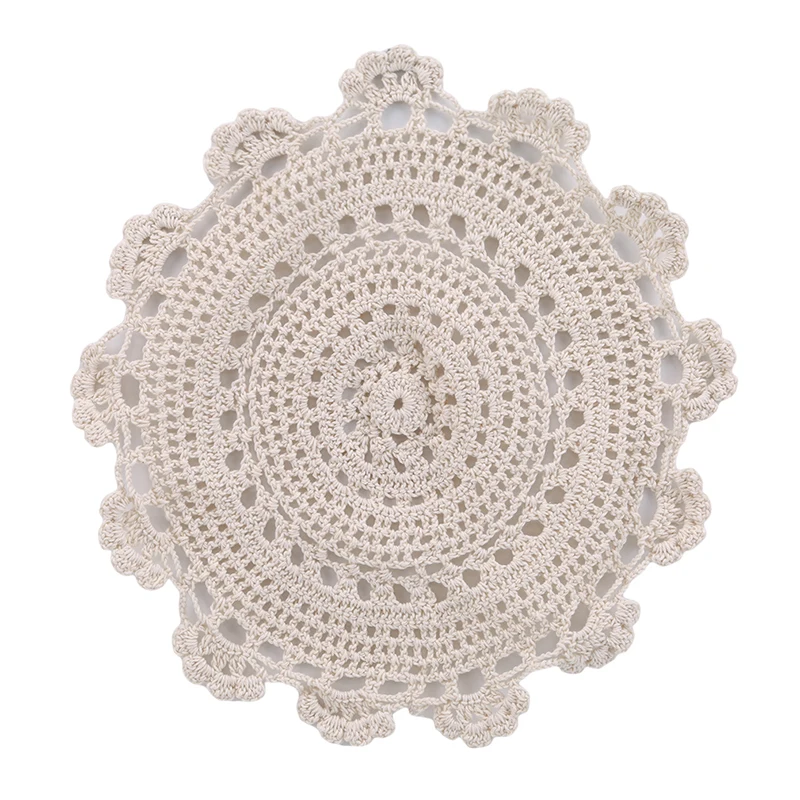 Retro Handmade Crochet Hooks Flower Placemat Round Cup Plate Insulation Pad Round Cotton Woven Placemats For Home Decoration - Цвет: cream-coloured 25cm