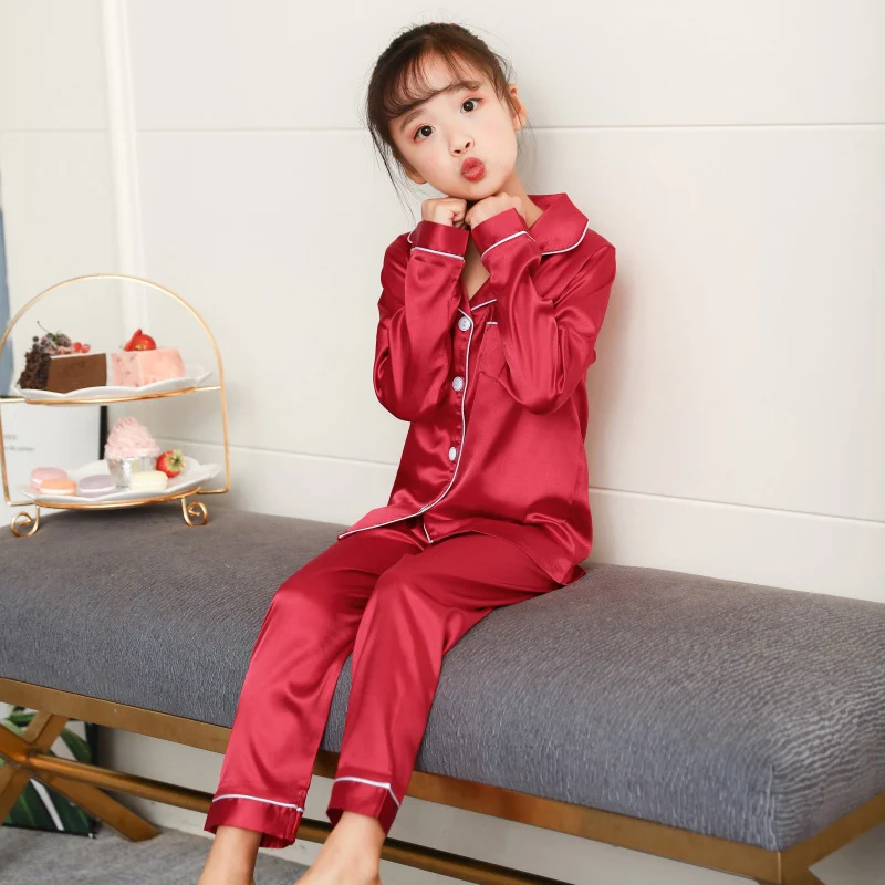Childrens Boys Girls Ice Silk Pajamas Cardigan Long-sleeved Sleepwear Nightgown