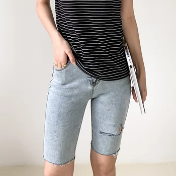 

2020 Summer Hole Women Slim Knee Jeans Casual Streetwear High Waist Korean Style Bottoms Blue Basic Skinny Female Pants