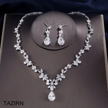 

Sweet Cubic Zirconia Princess Crystal Necklace and Drop Earrings Sets 2 Pcs CZ Dubai Wedding Bridal Jewelry Sets Bridesmaid Gift