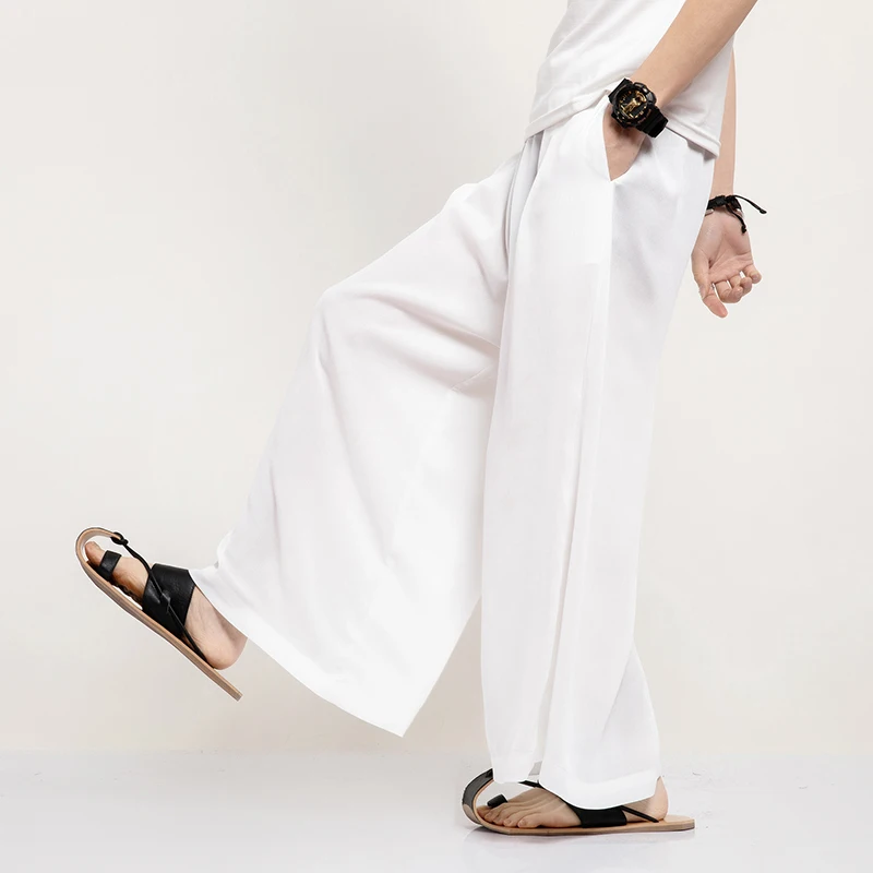 Men Linen Wide Leg Pants Mens Harajuku Streetwear Harem Pants Male Chinese Style HanFu Kongfu Trousers Ankle-Length